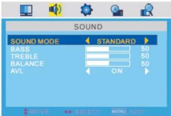 SOUND SOUND MODE STANDARD BASS 50 TREBLE 50 BALANCE 50 AVL ON MOVE SELECT MENU EXIT