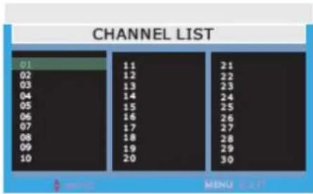 CHANNEL LIST 01 02 03 04 05 06 07 08 09 10 11 12 13 14 15 16 17 18 19 20 21 22 23 24 25 26 27 28 29 30