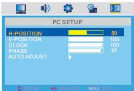 PC SETUP H-POSITION 50 V-POSITION 100 CLOCK 100 PHASE 97 AUTO ADJUST MOVE SELECT MENU EXIT