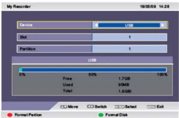 My Recorder 16/05/09 14:28 Device USB Slot 1 Partition 1 USB 0% 50% 1.7GB 100% Free 1.7GB Used 95MB Total 1.8GB Move Switch Select MSM Exit Format Partition Format Disk