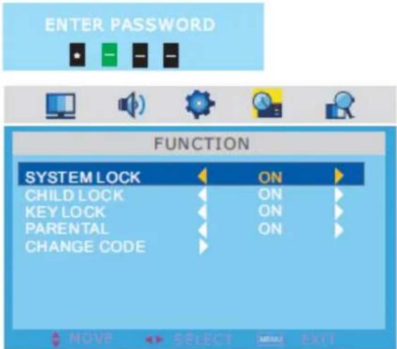 ENTER PASSWORD FUNCTION SYSTEM LOCK ON CHILD LOCK ON KEY LOCK ON PARENTAL ON CHANGE CODE