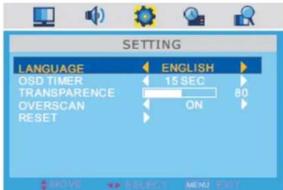 SETTING LANGUAGE ENGLISH OSD TIMER 15 SEC 80 TRANSPARENCE OVERSCAN RESET ON MOVE SELECT MENU EXIT