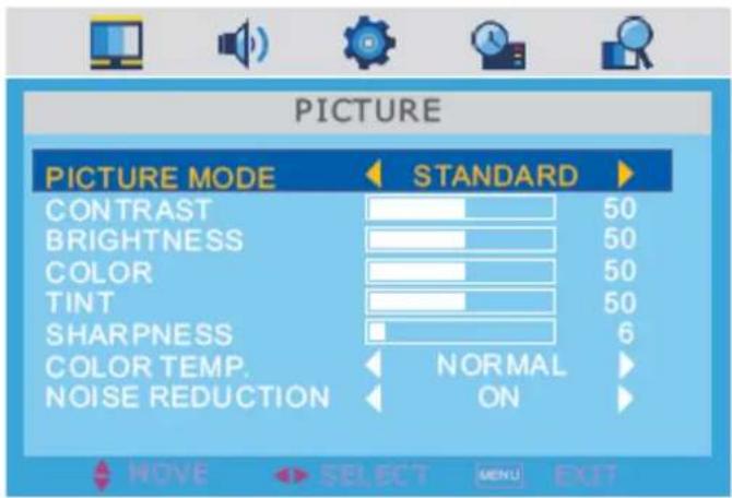 PICTURE PICTURE MODE STANDARD CONTRAST 50 BRIGHTNESS 50 COLOR 50 TINT 50 SHARPNESS 6 COLOR TEMP. NORMAL NOISE REDUCTION ON MOVE SELECT MENU EXIT