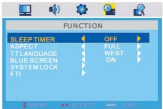 FUNCTION SLEEP TIMER OFF ASPECT FULL TTLANGUAGE WEST BLUE SCREEN ON SYSTEM LOCK FTI MOVE SOLECT CAM CREDIT