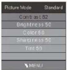 Picture Mode Standard Contrast 62 Brightness 50 Color 60 Sharpness 50 Tint 50 MENU