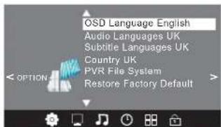 OSD Language English Audio Languages UK Subtile Languages UK Country UK PVR File System Restore Factory Default