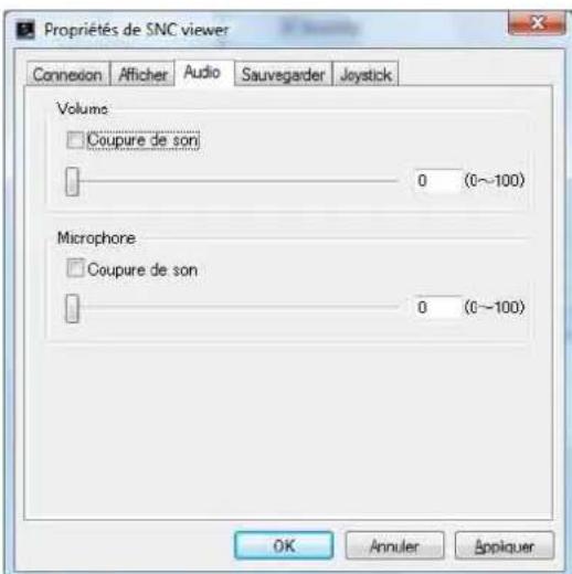 Propriétés de SNC viewer Connexion Afficher Audio Sauvegarder Joystick Volume Coupure de son 0 (0~100) Microphone Coupure de son 0 (0~100) OK Annuler Appliquer