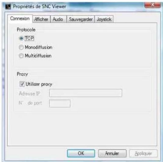 Propriétés de SNC Viewer Connexion Afficher Audio Sauvegarder Joyslick Protocole TCP Monodiffusion Multidiffusion Proxy Utiliser proxy Adresse IP N° de port OK Annuler Appliquer
