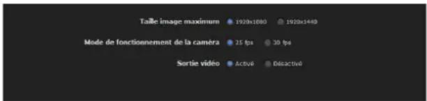 Taille image maximum 1920x1080 1920x1440 Mode de fonctionnement de la caméra 25 fps 30 fps Sortie vidéo Active Distractive