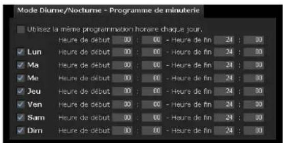 Mode Diurne/Nocturne - Programme de minuterie Utilisez la même programmation horaire chaque jour. Heure de début 00 : 00 - Heure de fin 24 : 00 Lun Heure de début 00 : 00 - Heure de fin 24 : 00 Ma Heure de début 00 : 00 - Heure de fin 24 : 00 Me Heure de début 00 : 00 - Heure de fin 24 : 00 Jeu Heure de début 00 : 00 - Heure de fin 24 : 00 Ven Heure de début 00 : 00 - Heure de fin 24 : 00 Sam Heure de début 00 : 00 - Heure de fin 24 : 00 Dim Heure de début 00 : 00 - Heure de fin 24 : 00