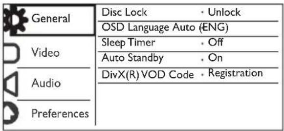 General Disc Lock · Unlock OSD Language Auto (ENG) Video Sleep Timer · Off Auto Standby · On Audio DivX(R) VOD Code · Registration Preferences