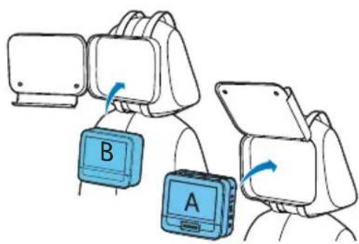 Diagram showing two robotic arms with labeled buttons A and B, indicating movement or positioning.