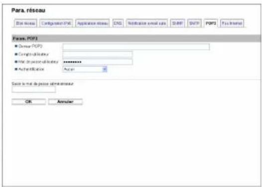 Para. réseau Est menu Configuration PAR Application name ENG Notification email info SWIP SMTP PORTS Fax Internet Passes: POP3 ■ Address POP3 ■ Acceptable Listkey ■ Not Applicable Listkey ********** ■ Authentication Update Suisse la net de puisse administrateur OR Anterior