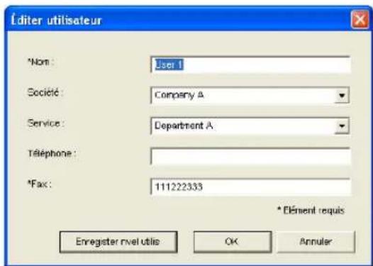 Editor utilisateur *Nom: User 1 Société: Company A Service: Department A Téléphone: *Fax: 111222333 * Élement requis Enregister nvel utilis OK Annuler