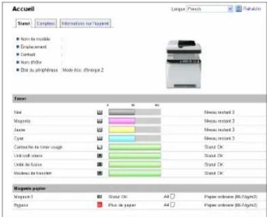 Accueil Store Compress Email address sur l'expression ■ Nom de modèle ■ Emplacement ■ Contact ■ Nom d'affir ■ Draf du géographique Mode éco. d'éranque 2 Tamer Line Magneto Jeune Cypé Cartouché de toner usage Link touch screen Link de boise Staudus de transactif Magnetre papier Vapson 1 Bypass Status OK Plus de papier All All Niveau restant 3 Niveau restant 3 Niveau restant 3 Niveau restant 3 Strat Ok Strat Ok Strat Ok Strat Ok Papier ordinate (86-75jpm2) Papier ordinate (86-75jpm2)