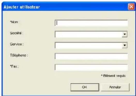 Ajouter utilisateur *Non: Société : Service : Téléphone : *Fax : * Élément requis OK Annuler