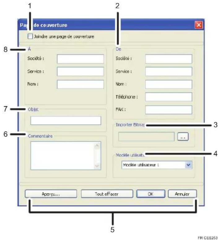 Page de couverture Joindre une page de couverture Société : Service : Nom : De Société : Service : Nom : Téléphone : FAX : Objet Commentaire Importer Bitmap Module utilisab Module utilisaceur 1 Aperçu... Tout effacer OK Annuler FR CES253