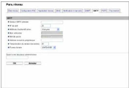 Para. réseau Data format: Cnspquisition (PPT) Application version: EN2 Modification in real unit: SMTP SMTP (MFTP) Fax Direction SMTP ■ Service SMTP primary ■ IP 42 port 25 ■ Methods to the transformation Analyte ■ Non-software ■ Mio de placement 10000000000 ■ Addresses envoil du pelagrapique ■ Translocations de service (net and adj) 30 ■ Passes location 5647-4183 Source to mail to please administer OK Antraler