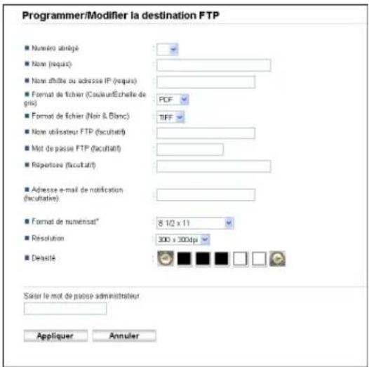 Programmer/Modifier la destination FTP ■ Numéro analogé ■ Nom (requis) ■ Nom d'effite ou adresse IP (requis) ■ Format de fichier (Couleur/Echelle de gris) ■ Format de fichier (Noir & Blanc) ■ Nom utilisateur FTP (facultatif) ■ Mot de passe FTP (facultatif) ■ Résportes (facultatif) ■ Adresse e-mail de notification (facultative) ■ Format de numensat* 8 1/2 x 11 Resolution 300 x 300dpi Densité Salar le mot de passe administrateur Appliquer Annuler