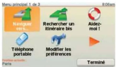 Menu principal 1 de 3 8:06am Naviguer vers... Rechercher un itinéraire bis Aidez-moi ! Téléphone portable Modifier les préférences Terminé Paris