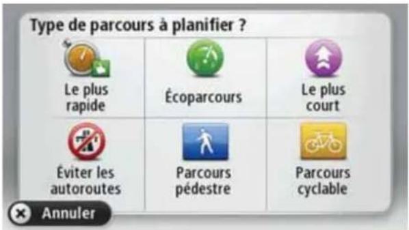 Type de parcours à planifier ? Le plus rapide Écoparcours Le plus court Éviter les autoroutes Parcours pédestre Parcours cyclable Annuler