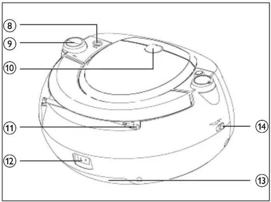 Technical diagram of a mechanical device with numbered parts labeled 8 through 14