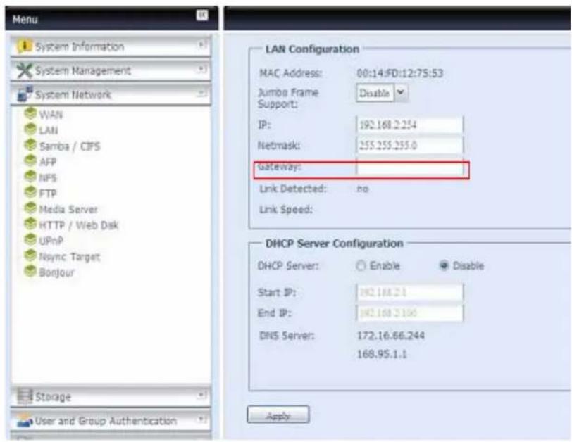 Thecus N5500 - Added 2 ^nd Gateway for Clients of DHCP Server Route - 1
