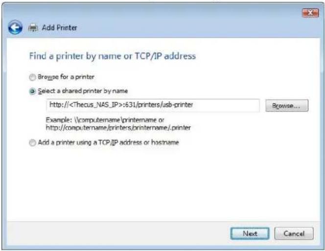 Thecus N7700SAS - Click Select a shared printer by name. - 1
