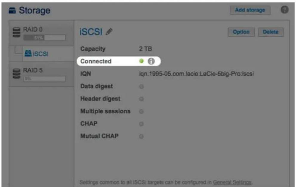 LACIE 2big NAS - Tableau de bord : indicateur de connexion de la cible iSCSI - 2
