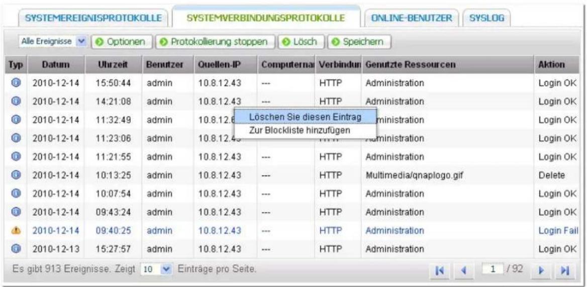 QNAP TS-EC1679U-RP-E10G 32TB - System verbindungsprotokolle - 1