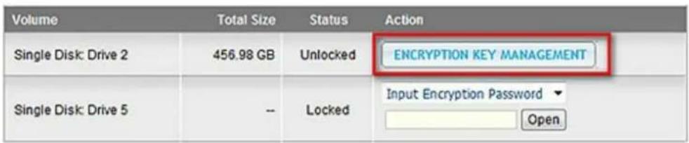 Volume Total Size Status Action Single Disk: Drive 2 456.98 GB Unlocked ENCRYPTION KEY MANAGEMENT Single Disk: Drive 5 -- Locked Input Encryption Password Open