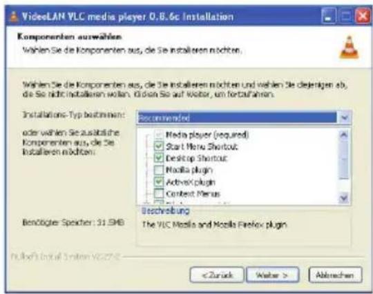 VideLAN VLC media player 0.6.6c Installation Komponenten auswahlen Wählen Sie die Componenten aus, die Sie installieren möchten. Wählen Sie die Componenten aus, die Sie installieren möchten Und wollen Sie dejenigen ab, die Sie nicht installieren wollen. Given Sie auf Wasser, um fortzufahren. Install…