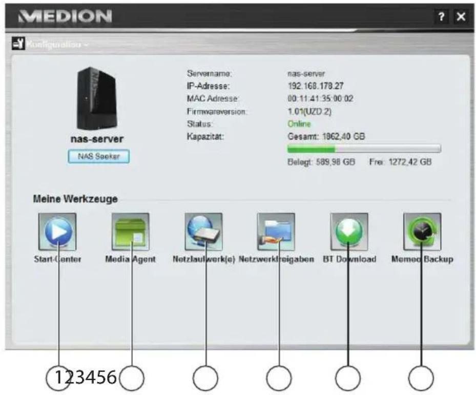 MEDION Configuration nas-server NAS Seeker Servername: nas-server IP-Adresse: 192.168.178.27 MAC Adresse: 00:11:41:35:00:02 Firmwareversion: 1.01(UZD.2) Status: Online Kapazität: Gesamt: 1962,40 GB Belegt: 589,98 GB Frei: 1272,42 GB Meine Werkzeuge Start-Center Media Agent Netzlaufwerk(e) Netzwerkfr…