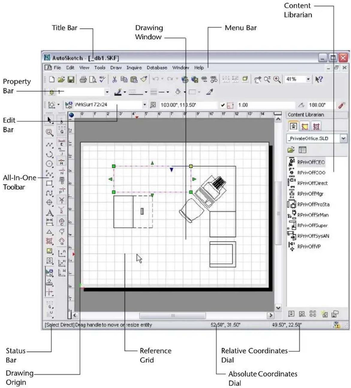 AutoSketch - [db1.SKF] Title Bar Drawing Window Menu Bar Property Bar Edit Bar All-In-One Toolbar Content Librarian PrivateOffice.SLB RPrivOffCEO RPrivOffCOO RPrivOffDirect RPrivOffMgr RPrivOffProSta RPrivOffSrMan RPrivOffSuper RPrivOffSysAN RPrivOffvP [Select Direct] Drag handle to move or resize entity 52.50", 31.50" 49.50", 22.50" Status Bar Drawing Origin Reference Grid Relative Coordinates Dial Absolute Coordinates Dial