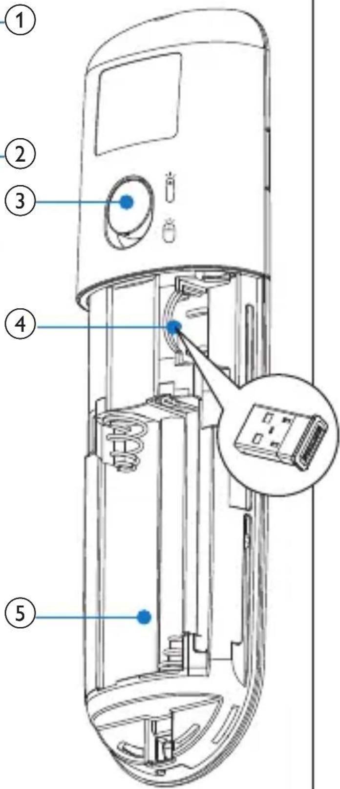 Technical diagram of a device with numbered parts, highlighting internal components and a close-up inset of the device.