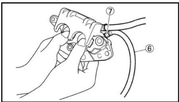 Technical diagram showing hands using a tool to adjust or install a component, labeled with parts 6 and 7.