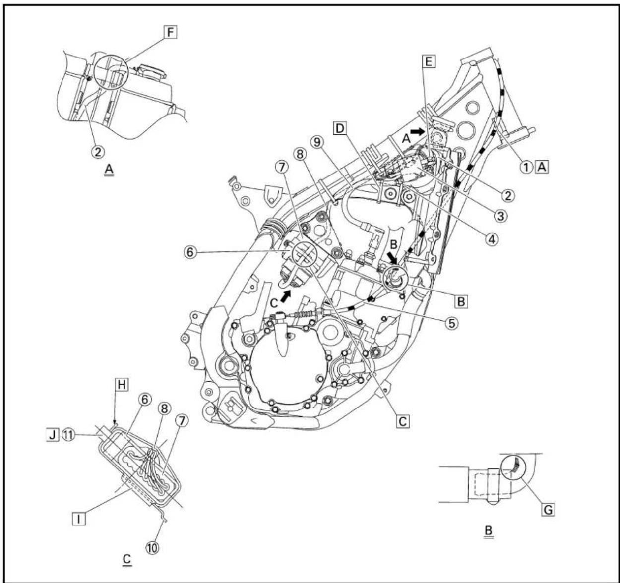 Technical diagram of a mechanical assembly with numbered components and labeled parts (A, B, C, D, E, F, G, H, I, J, 10).