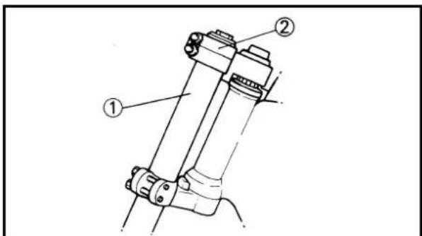 Technical diagram of a mechanical assembly with labeled parts ① and ②