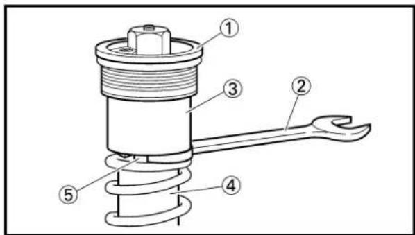 Technical diagram of a mechanical spring assembly with numbered parts labeled 1 to 5