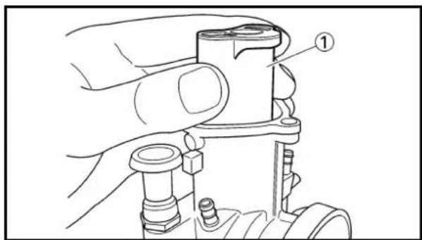 Technical diagram showing a hand operating a mechanical component with labeled part ①