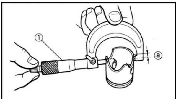 Technical diagram showing a hand using a measuring tool to measure a component, labeled with parts ① and ②.
