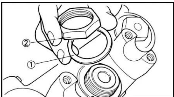 Technical diagram showing hands assembling a mechanical component with numbered parts labeled ① and ②