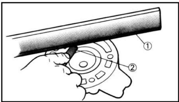 Technical diagram showing a hand operating a mechanical component with labeled parts ① and ②