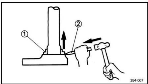 Technical diagram showing two mechanical components labeled ① and ② with directional arrows indicating movement or force, and a hand holding a hammer.
