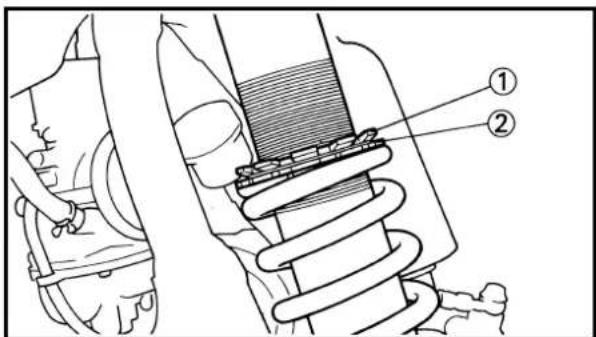 Technical diagram showing mechanical assembly with labeled parts ① and ②, likely illustrating a spring or solenoid component.