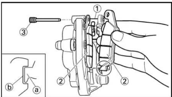 Technical diagram of a mechanical assembly with numbered parts and an inset view labeled a and b