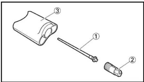 Technical diagram showing three labeled parts of a mechanical component: a cylindrical housing, a rod with threaded end, and a threaded connector.