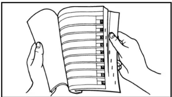 Line drawing showing hands holding an open notebook with labeled pages, illustrating a folding or reading exercise.