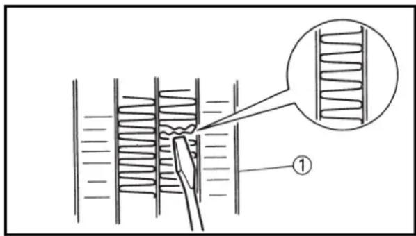 Technical diagram showing a mechanical assembly with labeled component ① and an inset magnified view of a spring-like structure.