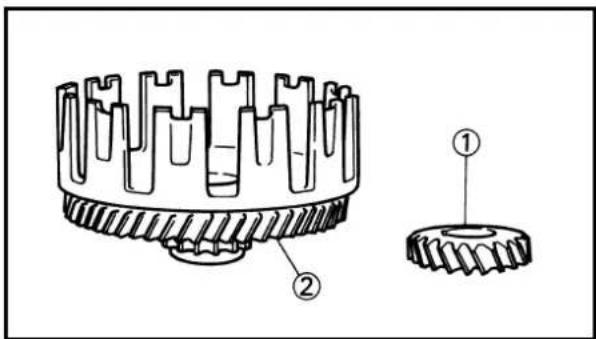 Technical diagram of a gear assembly with labeled parts, showing two views of the gear head and shaft.